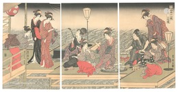 豊国豊広両画十二候　六月 三枚続【復刻版】　Twelve Months by Two Artists, Toyokuni and Toyohiro / The Sixth Month, a Triptych【Reproduction】