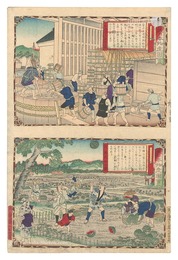 大日本物産図会　下総国醤油製造之図 同西瓜畑之図　Famous Products of Japan / Shimosa Province: Soy Sauce Brewery; Watermelon Field