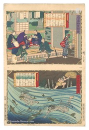 大日本物産図会　常陸国養蚕之図 常州鯉ヲ抱取ル図　Famous Products of Japan / Hitachi Province: Silkworm Cultivation; Catching Carps