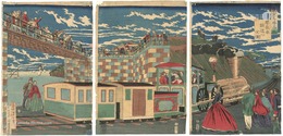 東京名勝高輪　蒸気車鉄道之全図　Famous Places in Tokyo / Illustration of Steam Locomotive Tracks at Takanawa