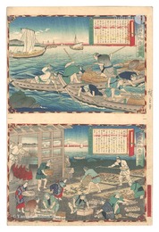 大日本物産図会　対馬国海鼠取之図 対馬国海鼠製之図　Famous Products of Japan / Tsushima Province: Catching Sea Cucumbers; Making Dried Sea Cucumbers
