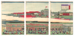 従京橋銀座通煉瓦石附汐留蒸気車遠景図　Distant View of Steam Train