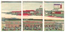 従京橋銀座通煉瓦石附汐留蒸気車遠景図　Distant View of Steam Train