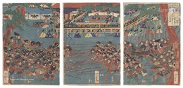 右大将頼朝公一の谷に楯篭る平家を攻落さんと範頼義経を両将と定めて長短の鎗をもつて手練の駈引を上覧の図　In Preparation to Conquer the Heike at Their Stronghold in Ichinotani, Lord Yoritomo Makes Noriyori and Yoshitsune the Leaders of Two Sides with Long and Short Spears and Observes Their Practice Maneuvers