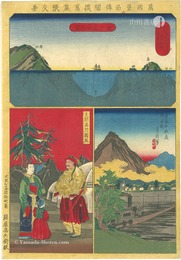 萬国景品伝聞模写集張交画　海中高低之図 蒸気車鉄道伝信機 支那満州国風　Harimaze-e : Illustration of Depth of the Sea, Transmitters of Steam Trains and Manchurian Style