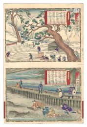 大日本物産図会　越後国雪中布晒之図 越後国鮭洲走を捕図　Famous Products of Japan / Echigo Province: Bleaching Cloth in Snow; Catching Salmon
