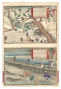 大日本物産図会　越後国雪中布晒之図 越後国鮭洲走を捕図　Famous Products of Japan / Echigo Province: Bleaching Cloth in Snow; Catching Salmon