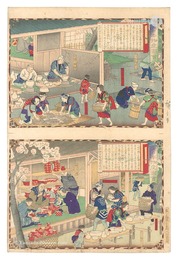 大日本物産図会　肥前伊万里陶器造図一 肥前伊万里陶器造図二　Famous Products of Japan / Hizen Province: Making Imari Ware, No. 1; Making Imari Ware, No. 2