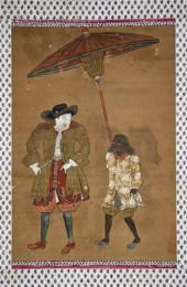 長崎肉筆絵　阿蘭陀カピタンと傘を持つ侍童