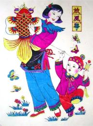 中国版画・年画　山東省楊家埠・放風筝（凧あげ）