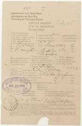 八雲から　Horace E.Scudder (Houghton Mifflin)宛書簡の配達証明書　小泉(八雲)家旧蔵　
Autograph letter, signed, from Lafcadio Hearn. To Houghton Mifflin & Co.