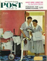 The Saturday Evening Post 1957年6月29日号　表紙：A brand-new Mr.and Mrs. (新婚夫婦の部屋の入口でおしゃべりするホテルのお掃除おばさん) (画 N.ロックウェル)
