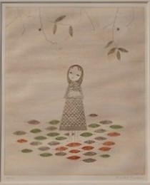 南桂子カラーエッチング　「少女と落葉」