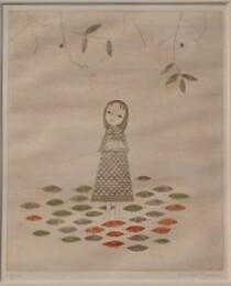 南桂子カラーエッチング　「少女と落葉」