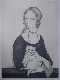 小林ドンゲ銅版画　仮「猫を抱いた婦人」