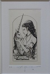 山本六三　銅版画　「一角獣と女」