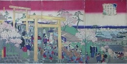 横浜野毛伊勢山従海岸鉄道蒸気車ノ図　3枚続