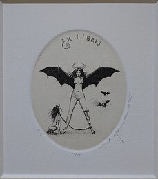 山本六三　銅版画　「魔女(蝙蝠)」
