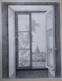 長谷川潔銅版画　「半開きの窓」