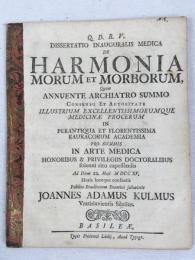 クルムス　『学位論文集』　初版　1715年　バーゼル刊
 Dissertatio Inauguralis Medica de Harmonia Morum et Morborum. Basileae, Typis Friderici Ludij, 1715.