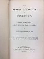 ヴィルヘルム・フォン・フンボルト『政府の本文と義務』英語訳初版　1854年　ロンドン刊 / 
Humboldt, Wilhelm von,　The Sphere and Duties of Government. Translated from the German. By Joseph Coulthard, jun. London, John Chapman, 1854