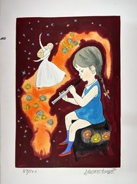 久保雅勇　手彩リトグラフ　（仮題　笛を吹く女の子）