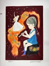 久保雅勇　手彩リトグラフ　（仮題　笛を吹く女の子）