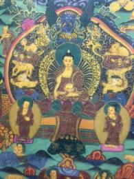 チベット　タンカ　釈迦三尊像