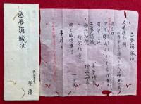 【写本】悪夢消滅法・光明真言之秘印・切火之大事・疫病之大事・虵不入家札事・大師御精進供作法・孤等不取鶏等作法・悪井土水加持・易産并癋病符・除油衣服法/除墨付衣裳法・悪夢并夜啼小児大事・大日経出一切毘那夜迦不灾悩真言・摩怛利之符書様/五大尊之符書様/ホト石之書様一包・心経之大事・九字十字大事・節分経大事・秘密大般若経大事・疱瘡守大事・神木切大事・施食作法・四十二厄守大事　21包