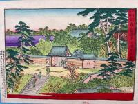 【彩色石版画】日本名勝　6図　（摂州江口君堂之図・大和吉野山蹴抜塔之図・和泉蟻通明神之図・摂州箕図山瀧之図・河内道明寺天満宮之図・勢刕鈴鹿嶺鈴鹿権現之図）