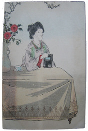 透かし絵葉書　机に向かう女性