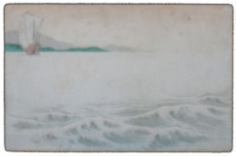 透かし絵葉書　海に船