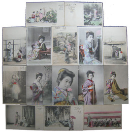 手彩色美人絵葉書