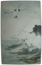 透かし絵葉書　波上を舞う鶴