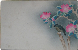 細工絵葉書　ウグイスとサザンカ