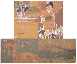 美術系絵葉書　傘のある風景