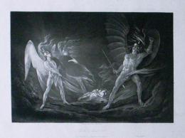 ジョン・マーティン銅版画　ミルトン「失楽園」より『イシュリエルとゼポンに発見されたサタン』