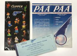 PAA Pan American World Airways Itinerarios del Sistema Edición en Español
En vigor: 10 de julio de 1956 / Passenger Contract Ticket and Baggage Check / Clipper Poatfolio　PAA パンアメリカン航空 総合時刻表 スペイン語版 1956年7月10日より有効 / 航空券&手荷物引換券 / 機内インフォメーション用ホルダー　3点セット