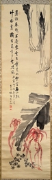 掛軸 獨活大王 淡彩花卉圖