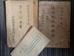 山口県遊興税・観覧税関係資料3点（大正昭和初年）1.遊興税・観覧税徴収の栞（大正10年）、事業報告書・遊興税他（山口県料理屋業組合、昭和2年〜3年）、遊興税徴収原簿（大正10年、6頁分）