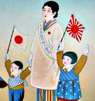 「大日本国防婦人会員」戦意高揚図柄団扇絵見本　24.5×23㎝　カラー印刷美品　戦中戦時