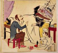 露国征伐戦勝笑話「露艦の大病」骨皮道人著/豊斎(歌川国貞)画　多色刷木版画　37×25㎝(下端破れ欠) 明治37年