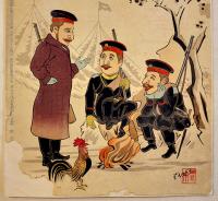 露国征伐戦勝笑話「島々の噂」骨皮道人著/豊斎(歌川国貞)画　多色刷木版画　37×25㎝(下端破れ欠) 明治37年