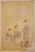 露国征伐戦勝笑話「島々の噂」骨皮道人著/豊斎(歌川国貞)画　多色刷木版画　37×25㎝(下端破れ欠) 明治37年