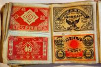 マッチ燐寸燐票ペーパー122枚貼込帖　台紙17×9㎝　輸出/朝鮮/中国/軍人/石鹸/軍艦/猫/他　明治刷り