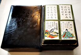 百人一首かるた　読み札100枚/絵札99枚　漆塗り木箱19×14×7.5㎝  明治〜戦前頃