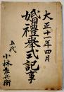 婚礼挙式記事(結納目録/挙式準備/招待人名簿/献立/他) 24×15.5㎝　肉筆34p　大正11年