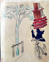 大判多色刷木版画　続昭和職業絵尽「蕎麦屋の出前持ち」39.5×29㎝　和田三造画/毛筆署名捺印入　京都版画院　昭和29〜31年