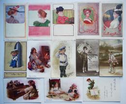 アンティークポストカード13枚　少年・少女・婦人　各カラー　戦前
