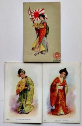 アンティークポストカード　日本娘/アジア娘　各カラー3枚　1900年代